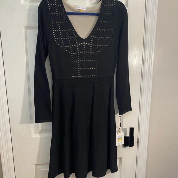 Calvin Klein Black Knit Cutout Midi Dress M Long Sleeve NWT Elegant - Picture 1 of 8